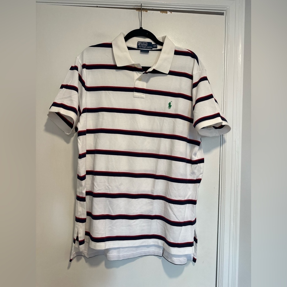 POLO RALPH LAUREN XXL Pique white/navy/red striped Cotton Polo Shirt